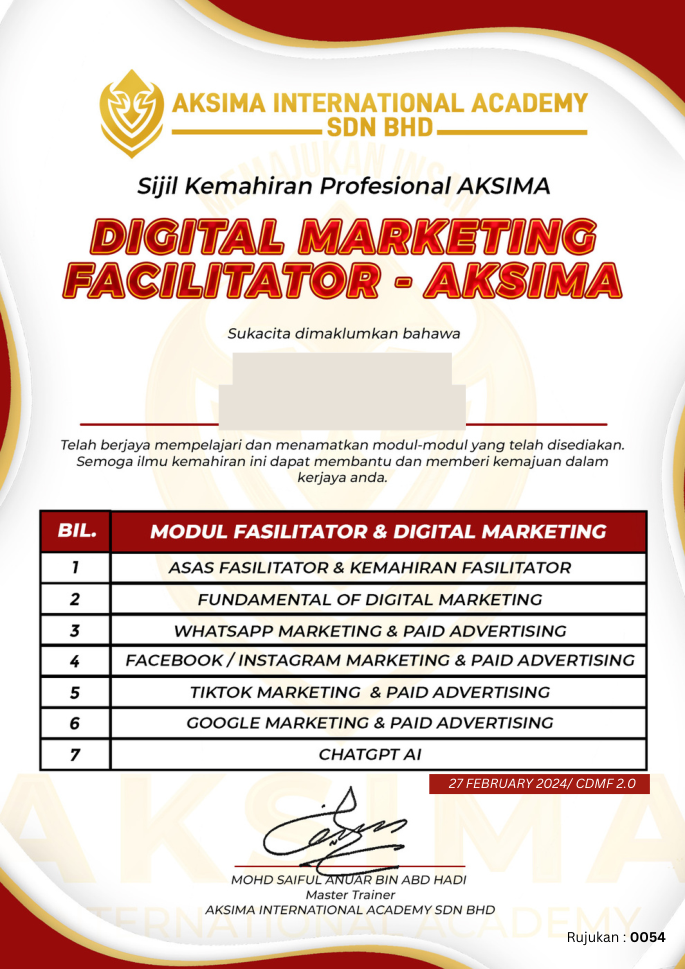 Digital Marketing Facilitator certificate with personal details concealed