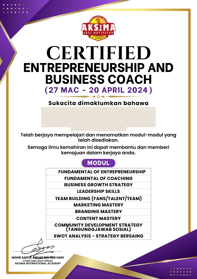 Certified Entrepreneurship and Business Coach certificate with personal details concealed