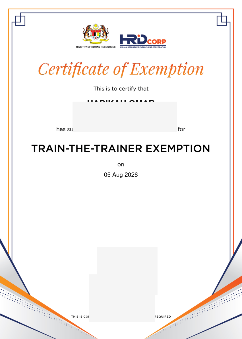 HRD Corp — Train-the-Trainer Exemption (butiran peribadi dilindungi)