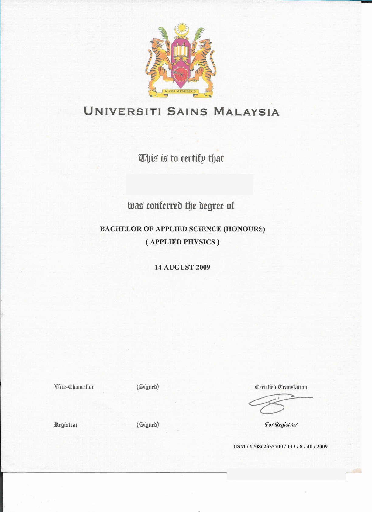 Ijazah Sarjana Muda Sains Gunaan (Kepujian) — USM (butiran peribadi dilindungi)