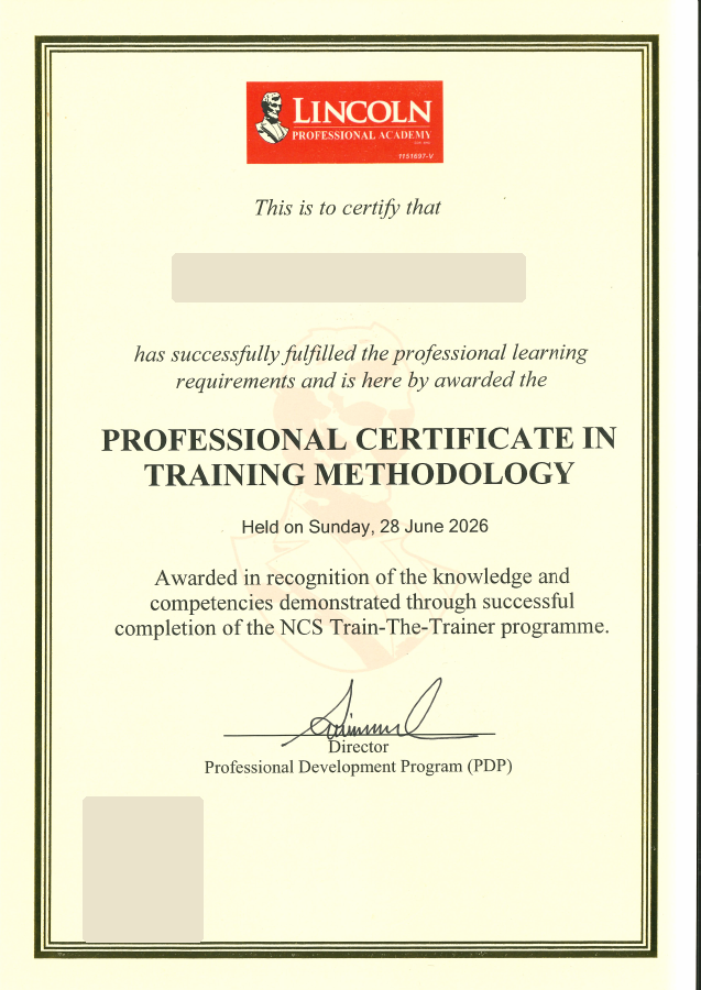Lincoln Professional Academy Training Methodology certificate with personal details concealed